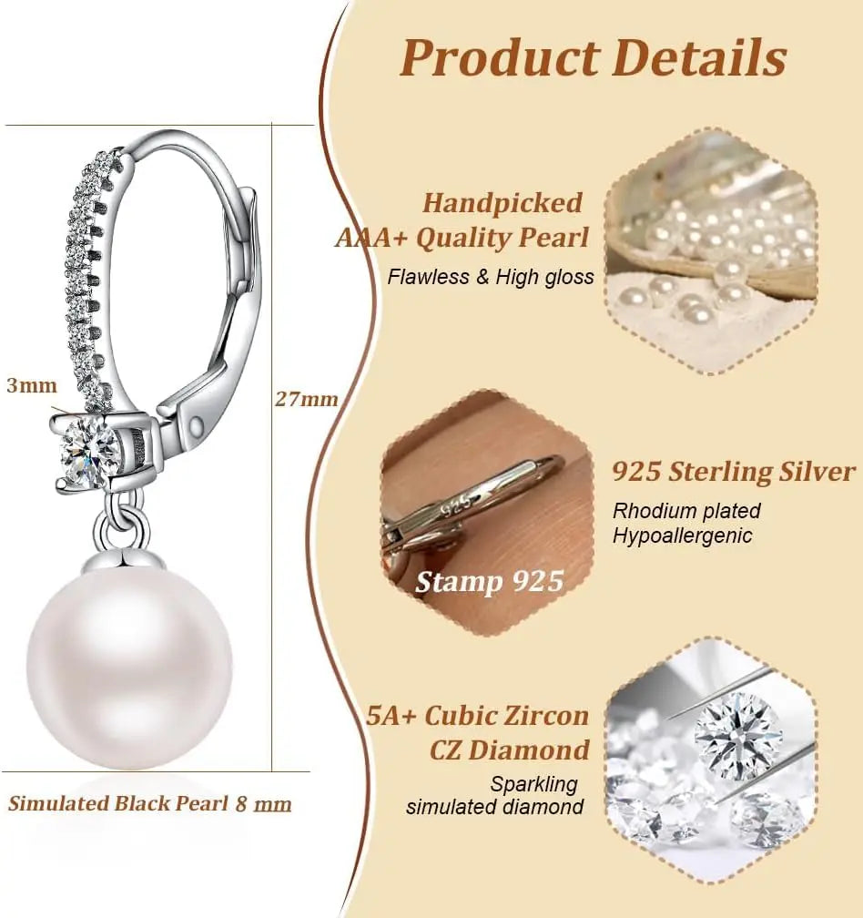 Sterling Silver 925 Pearl Earrings Pearl Earrings for Women Pearl Jewelry Gifts Pearl 8-10 mm