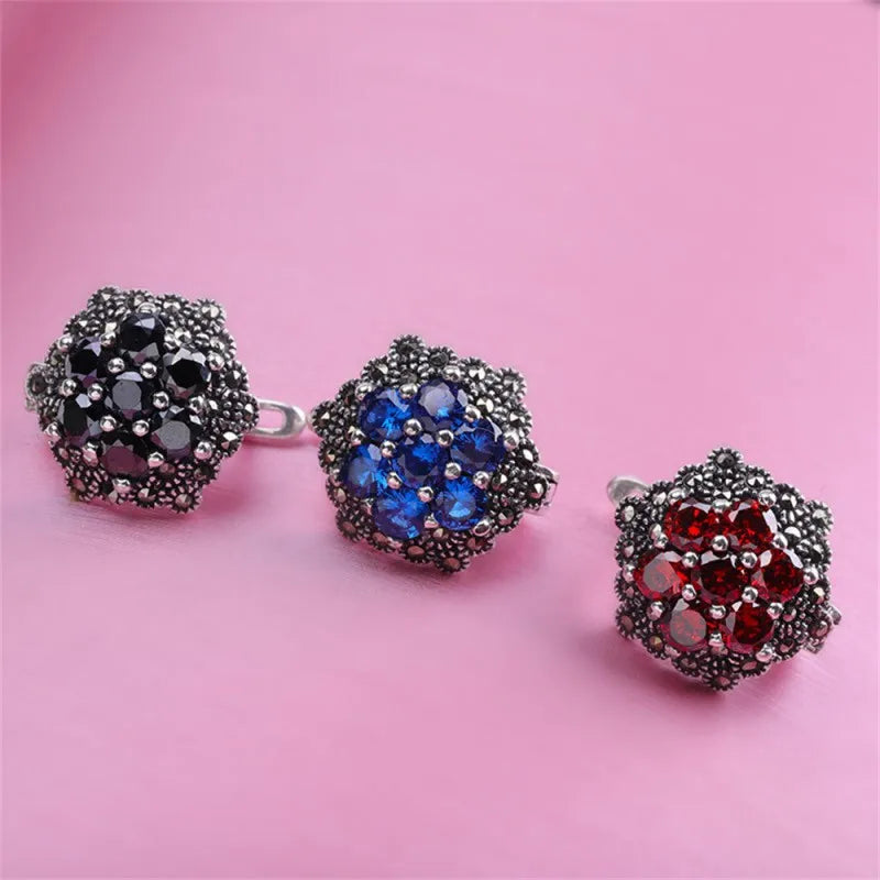 S925 Sterling Silver Earrings for Women New Women's Fashion Relief Flower Marcasite Garnet Agate Argentum Ear-Clip Jewelry