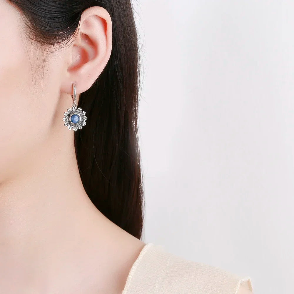 S925 Silver Snowflake Natural Kyanite Earrings for Women Round 6MM Blue Stone Vintage Jewelry Party Anniversary Gifts