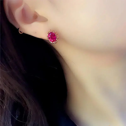 New 585 purple gold inlaid ruby earrings for women hollow design 14K rose gold classic luxury engagement jewelry for girlfriend