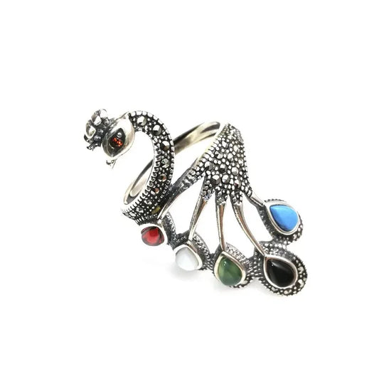 Ethnic Style 925 Silver Multicolored Gemstone Exquisite Peacock Ring for women Vintage Exaggerated Elegant Jewelry Opening