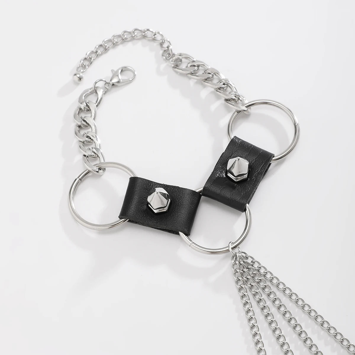 KunJoe Gothic Rivet Black PU Leather Link Chain Bracelet With Finger Ring for Men Punk Silver Color Cuban Chain Wrist Bracelet