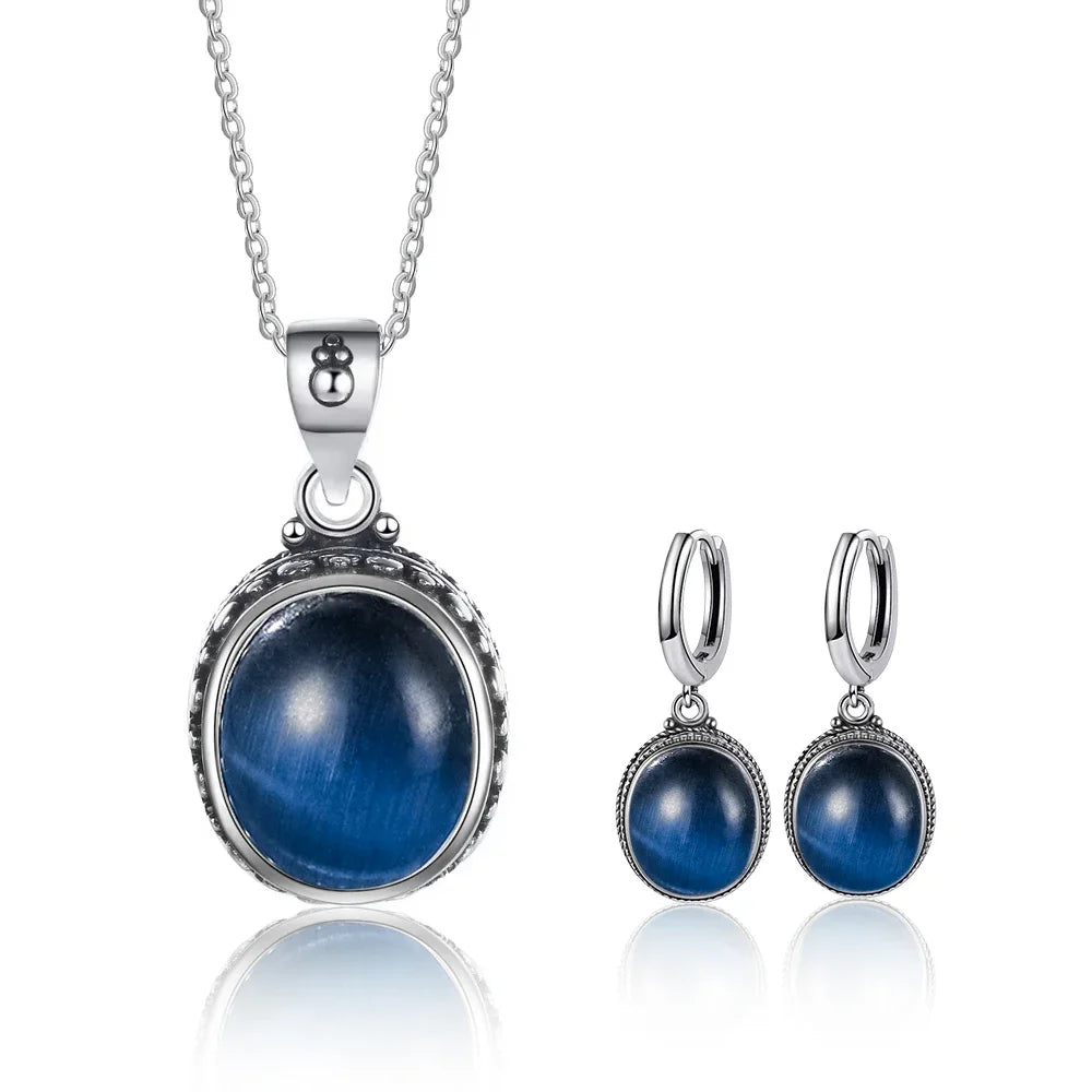 Vintage 925 Sterling Silver Earring Oval Natural Kyanite Stone Moonstone Labradorite Hoop Earrings With Necklace Set For Women