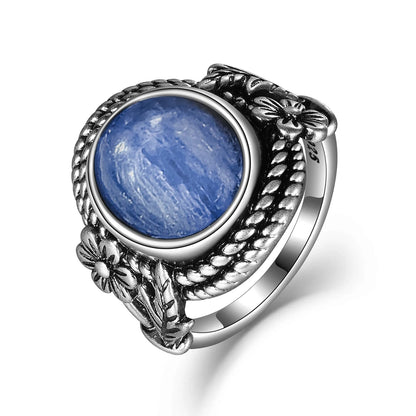 Vintage S925 Sterling Silver Ring Oval Round Natural Kyanite Ring Sun And Flower Shaped Retro Fine Jewelry For Women Men