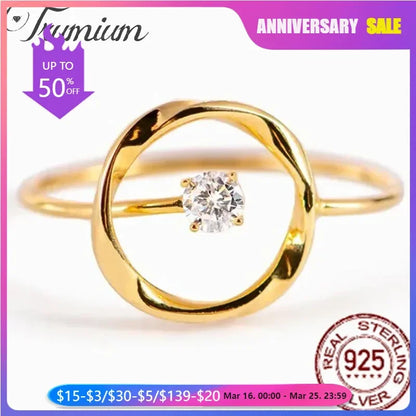 Trumium Solid 925 Sterling Silver 14k Gold Plated Hollow Circle rings for women Round Zircon Shinning Fine Jewelry Adjustable