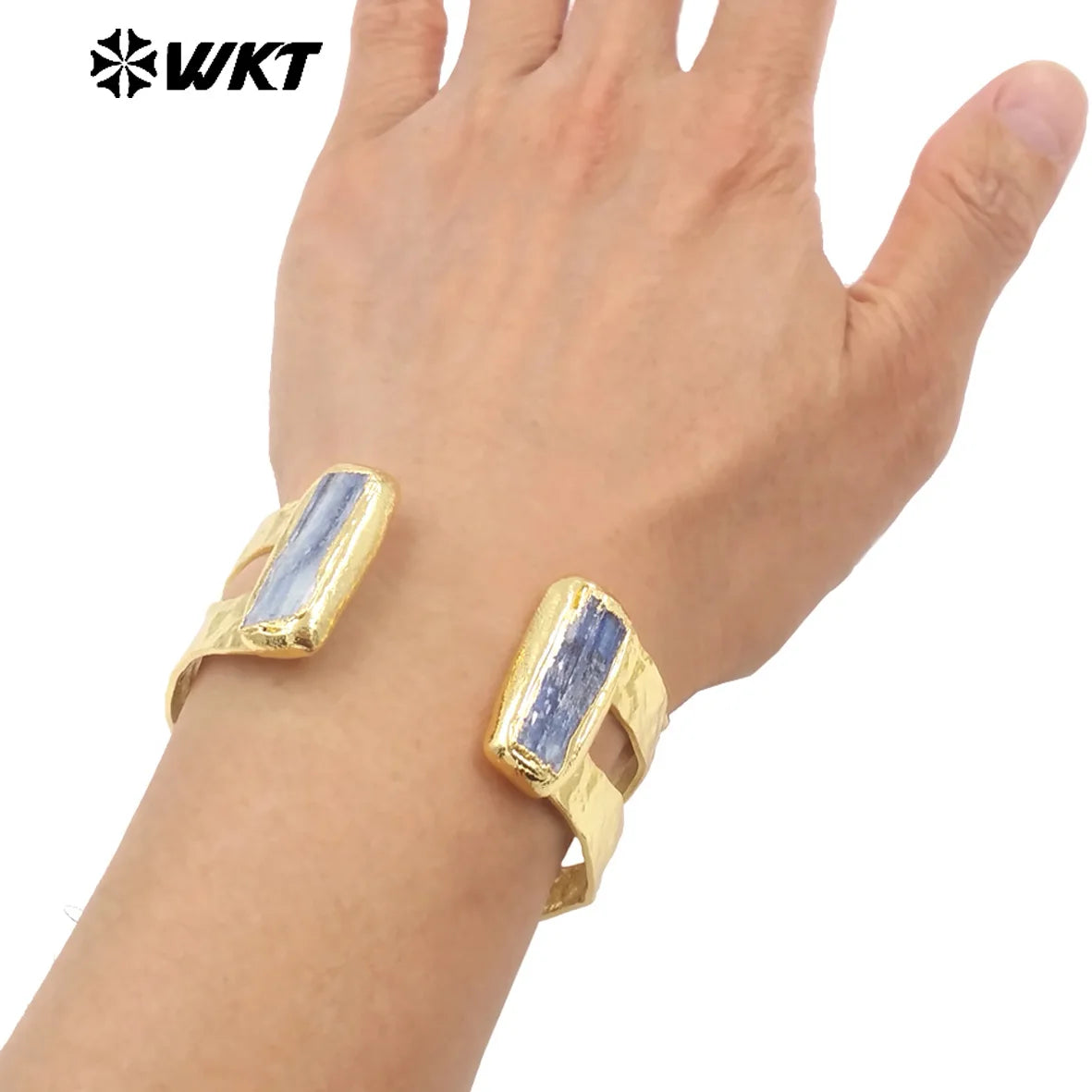 WT-B665 Natural Rectangle Blue Kyanite Hollow Design 18k Gold Plated Cuff Adjustable Bangle For Unisex Decorated