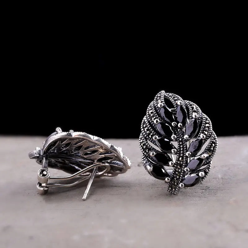 S925 Sterling Silver Stud Earrings for Women New Women's Fashion Relief Leaf Marcasite Garnet Agate Silver Ear-Clip Jewelry