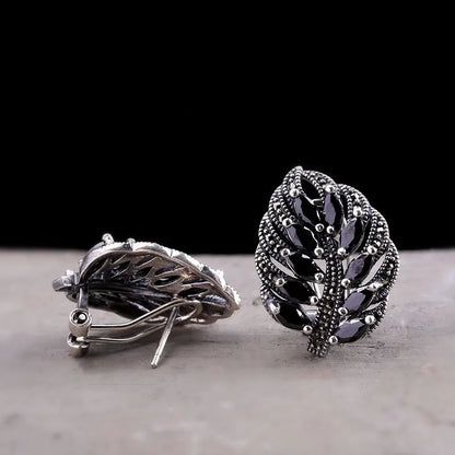 S925 Sterling Silver Stud Earrings for Women New Women's Fashion Relief Leaf Marcasite Garnet Agate Silver Ear-Clip Jewelry