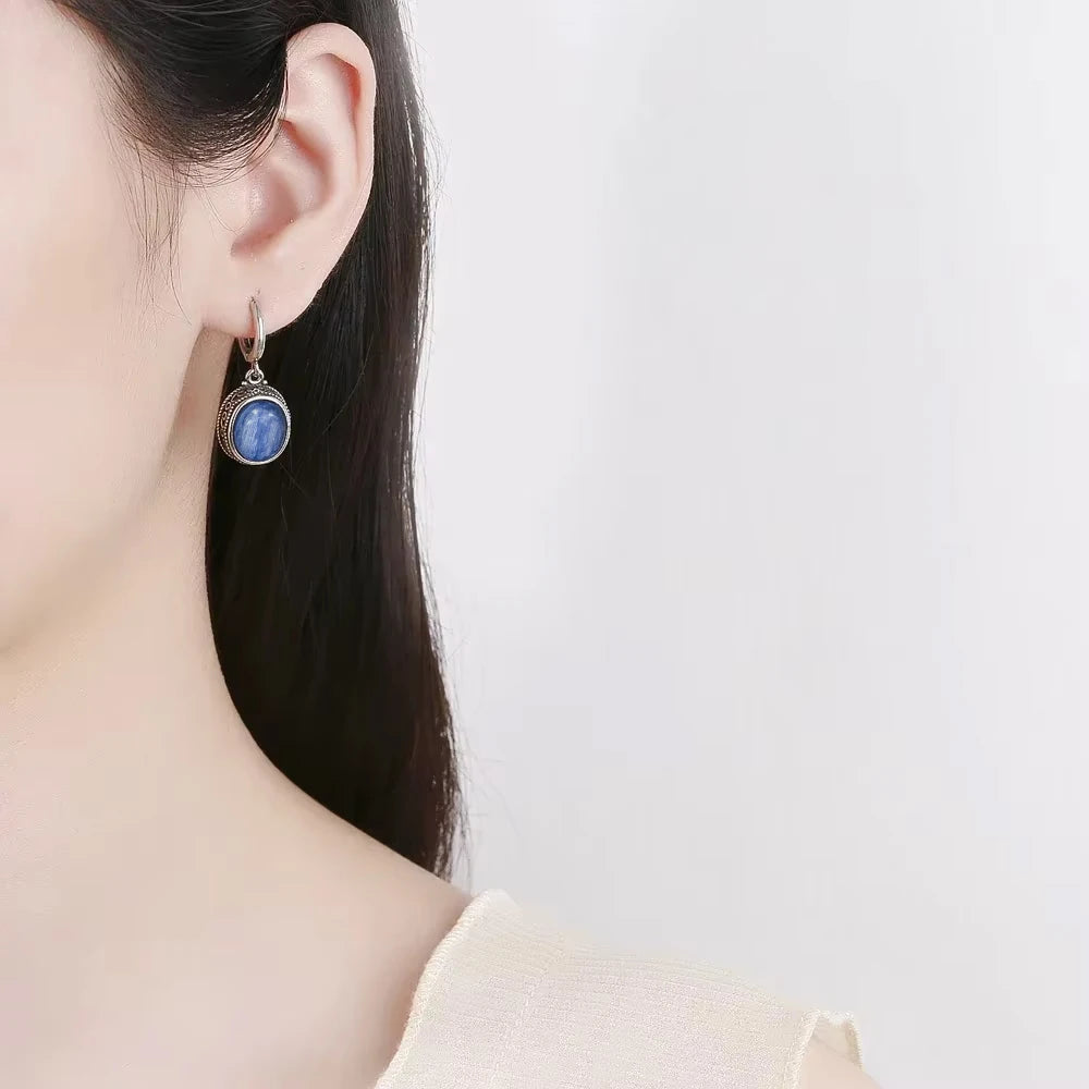 Vintage 925 Sterling Silver Earring Oval Natural Kyanite Stone Moonstone Labradorite Hoop Earrings With Necklace Set For Women