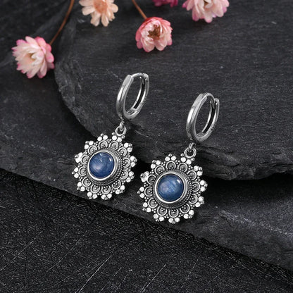 S925 Silver Snowflake Natural Kyanite Earrings for Women Round 6MM Blue Stone Vintage Jewelry Party Anniversary Gifts