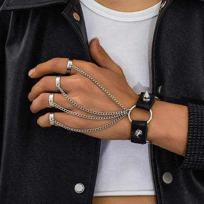 KunJoe Gothic Rivet Black PU Leather Link Chain Bracelet With Finger Ring for Men Punk Silver Color Cuban Chain Wrist Bracelet