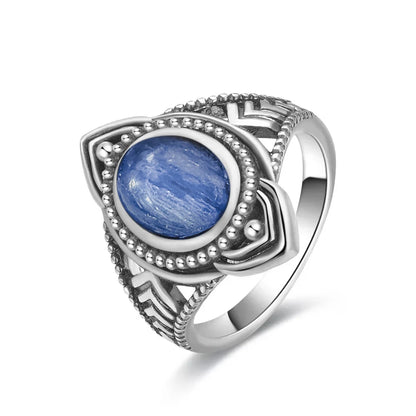 Vintage S925 Sterling Silver Ring Oval Round Natural Kyanite Ring Sun And Flower Shaped Retro Fine Jewelry For Women Men