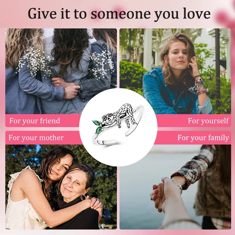 Original 925 Sterling Silver Rings Sparking Sloth Open Rings For Women Girls Jewelry Birthday Anniversary Gifts