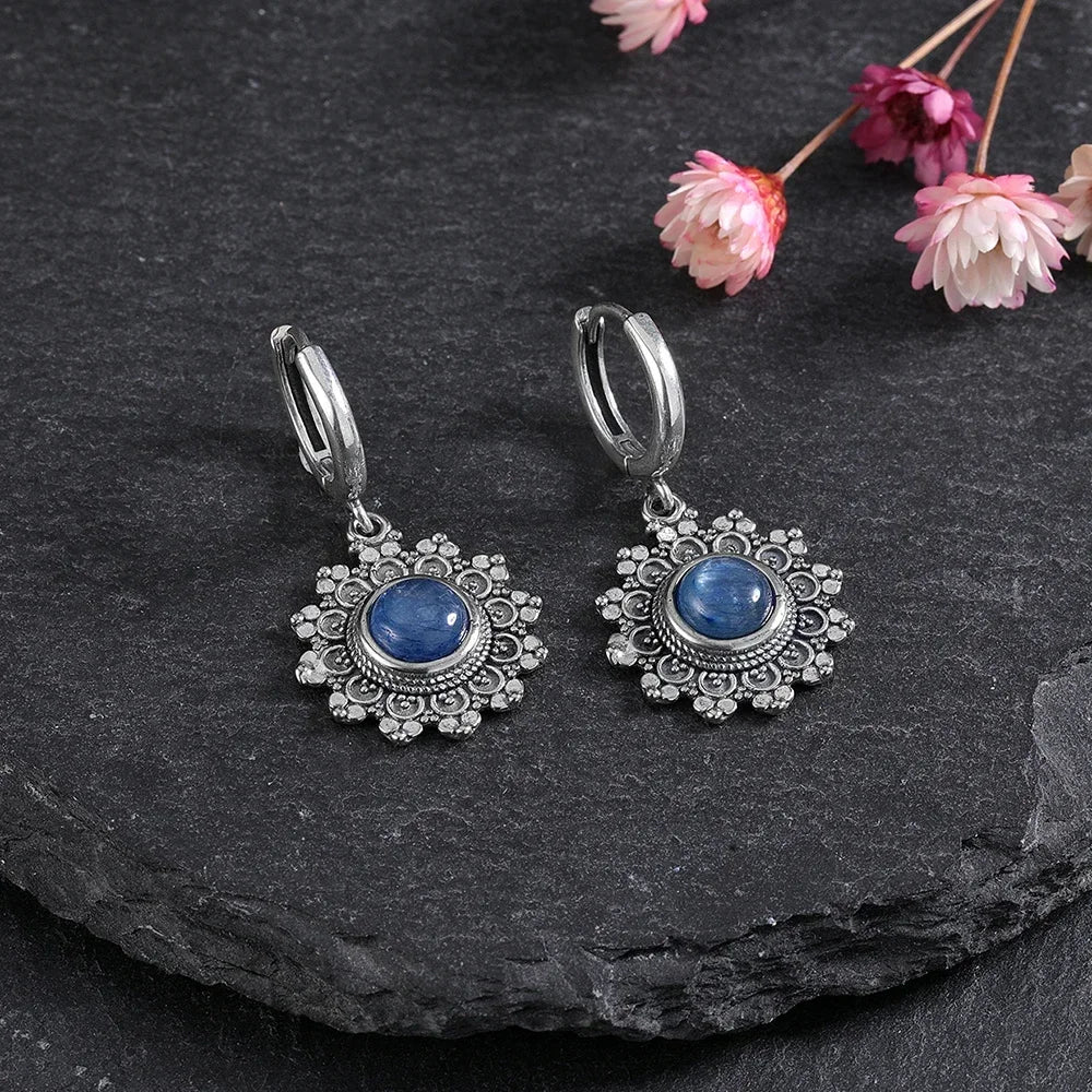 S925 Silver Snowflake Natural Kyanite Earrings for Women Round 6MM Blue Stone Vintage Jewelry Party Anniversary Gifts