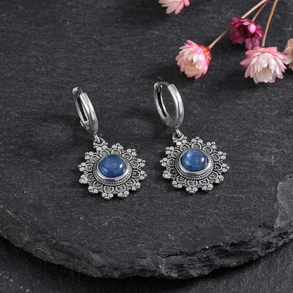 S925 Silver Snowflake Natural Kyanite Earrings for Women Round 6MM Blue Stone Vintage Jewelry Party Anniversary Gifts