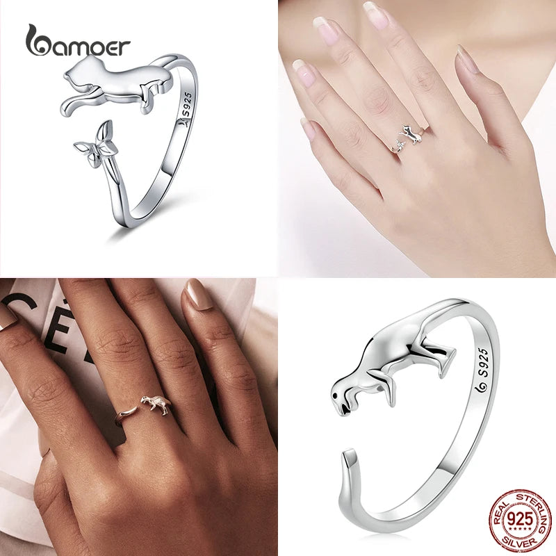 Bamoer Genuine 925 Sterling Silver Cute Cat And Dog Adjustable Ring For Women S925 Open Animal Ring Fine Jewelry Accessories