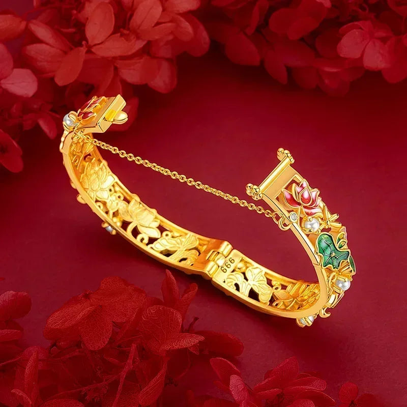 Fine pure gold AU999 real  24K  ethnic style enamel lotus bracelet pearl  buckle large  ladies  bracele