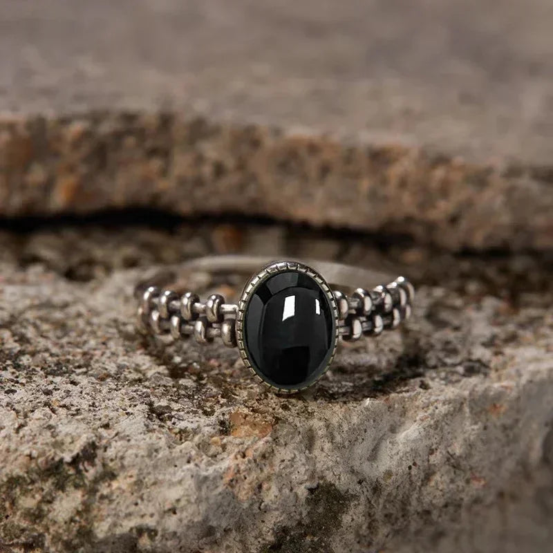 925 Sterling Silver Rings With Natural Black Onyx Stone Vintage Style Gear and Chain Shape Punk Rings Fine Jewelry for Woman Men