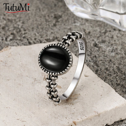 925 Sterling Silver Rings With Natural Black Onyx Stone Vintage Style Gear and Chain Shape Punk Rings Fine Jewelry for Woman Men