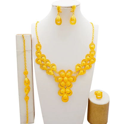 New African Jewelry Set Big Necklace Dubai Ethiopian Gold Color Jewelery Earring Bracelet For Women Bridal Choker Wholesale