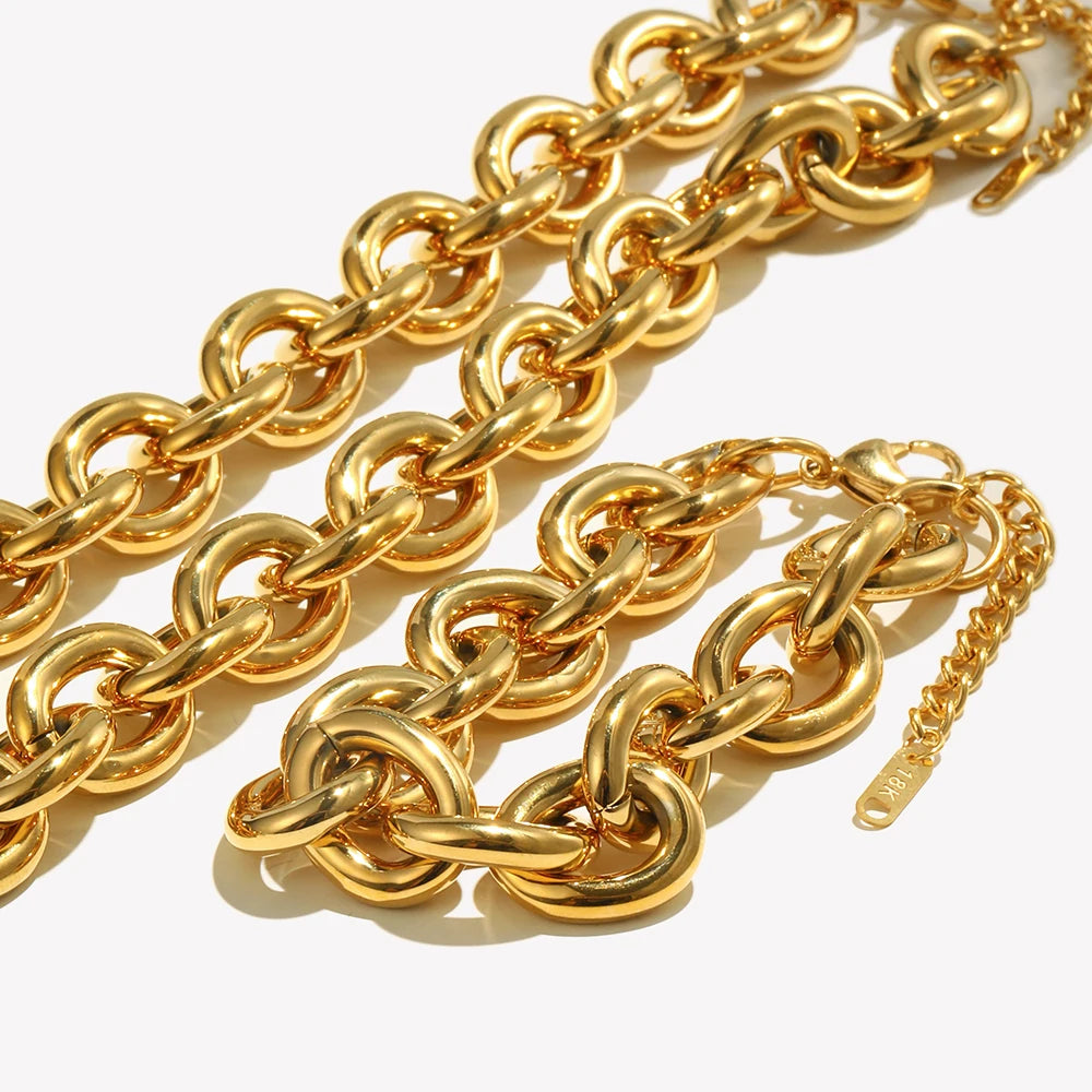 2025 Exaggerated Stainless Steel Tarnish Free Chunky O Chain Gold Choker Necklace Bracelet Jewelry Set Statement Necklace