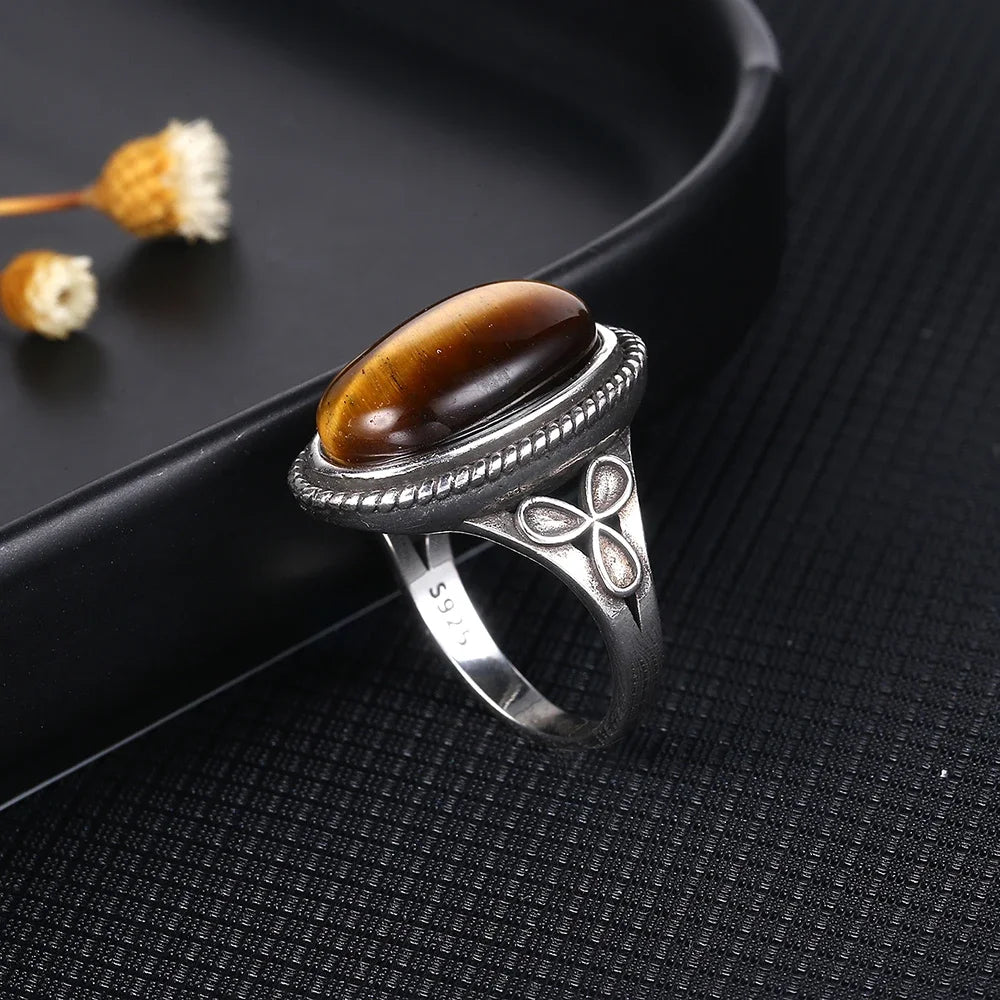 S925 Silver Retro Natural Labradorite Flower Rings Jewelry Silver Large Tiger Eye Engagement Wedding Gift for Women