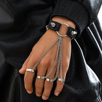 KunJoe Gothic Rivet Black PU Leather Link Chain Bracelet With Finger Ring for Men Punk Silver Color Cuban Chain Wrist Bracelet