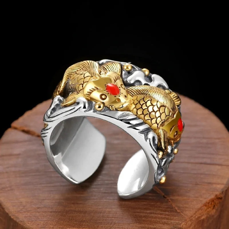Classic and Domineering cameo mens rings Golden koi fish Retro 925 Thai Silver Trendy rings for women Banquet Jewelry Gift