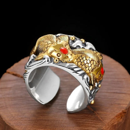Classic and Domineering cameo mens rings Golden koi fish Retro 925 Thai Silver Trendy rings for women Banquet Jewelry Gift