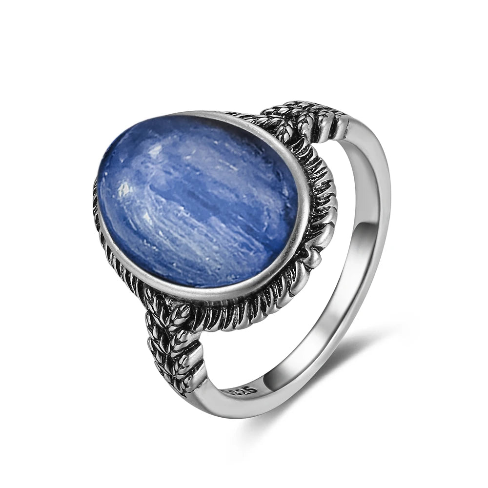 Vintage S925 Sterling Silver Ring Oval Round Natural Kyanite Ring Sun And Flower Shaped Retro Fine Jewelry For Women Men