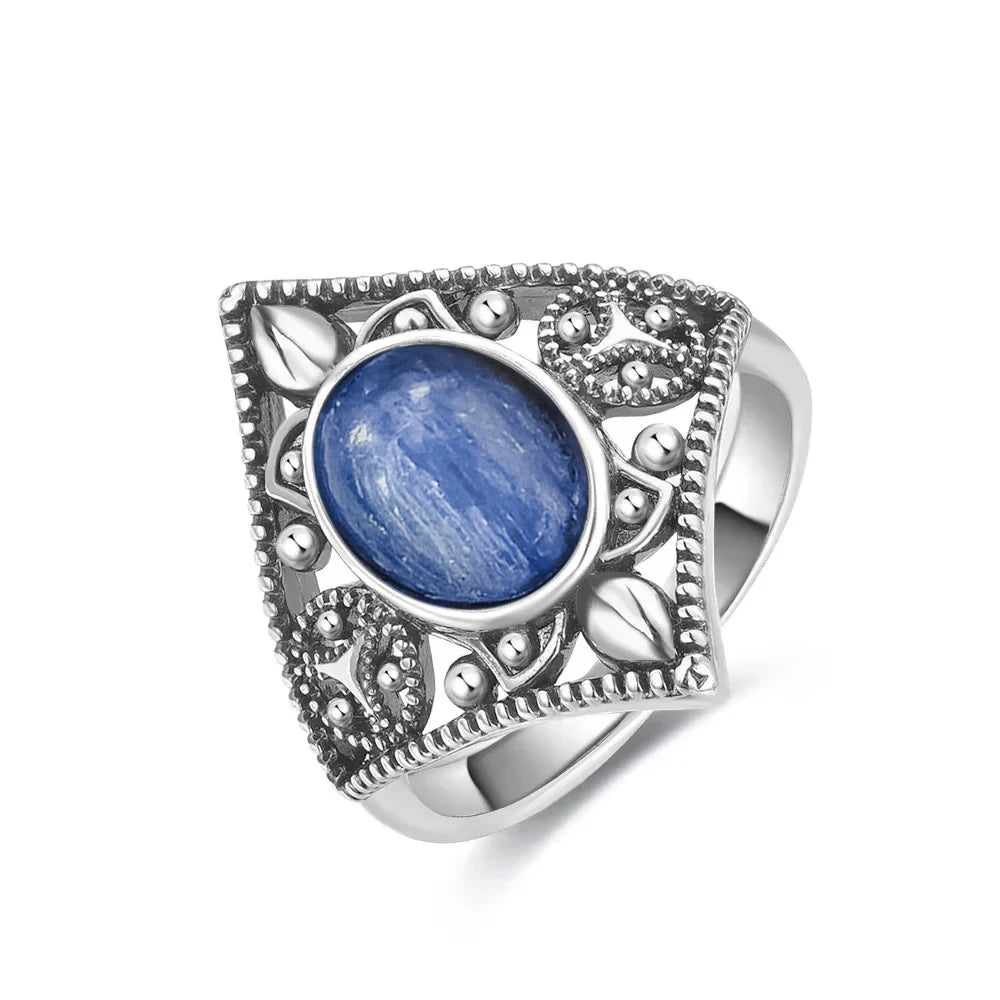 Vintage S925 Sterling Silver Ring Oval Round Natural Kyanite Ring Sun And Flower Shaped Retro Fine Jewelry For Women Men