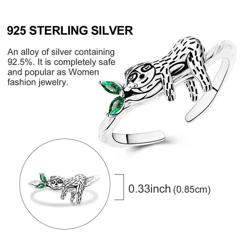 Original 925 Sterling Silver Rings Sparking Sloth Open Rings For Women Girls Jewelry Birthday Anniversary Gifts