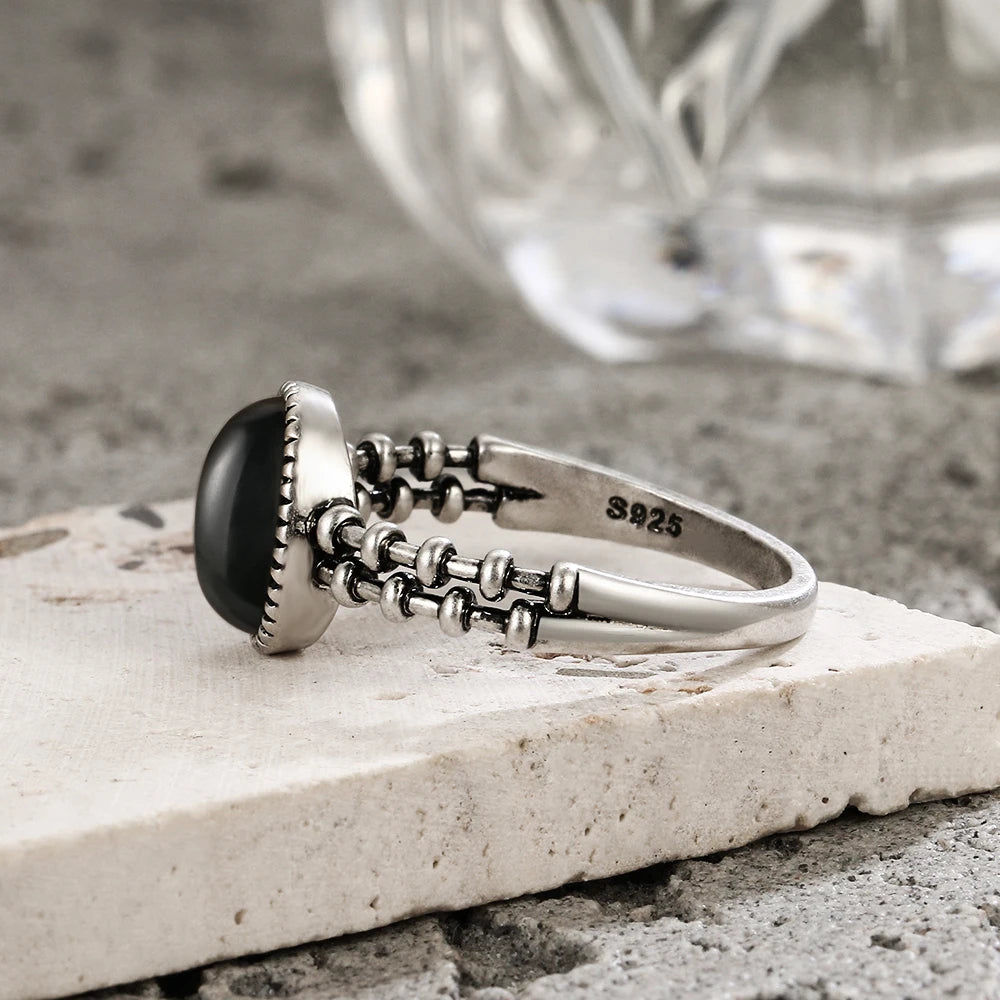 925 Sterling Silver Rings With Natural Black Onyx Stone Vintage Style Gear and Chain Shape Punk Rings Fine Jewelry for Woman Men