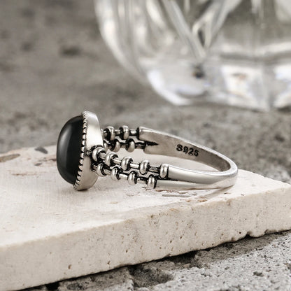 925 Sterling Silver Rings With Natural Black Onyx Stone Vintage Style Gear and Chain Shape Punk Rings Fine Jewelry for Woman Men