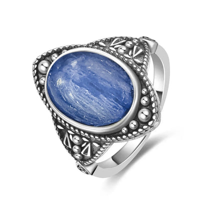 Vintage S925 Sterling Silver Ring Oval Round Natural Kyanite Ring Sun And Flower Shaped Retro Fine Jewelry For Women Men