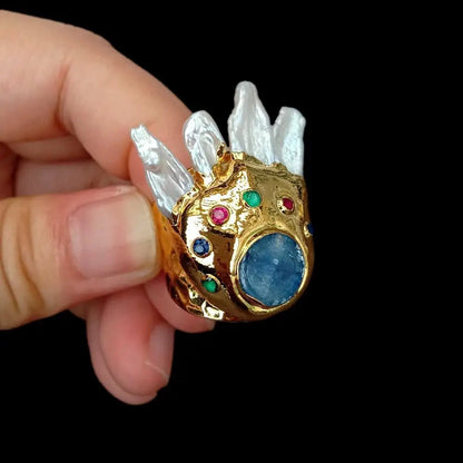 YYGEM White Biwa Pearl 10mm Blue Kyanite Gold Plated Finger Rings Adjustable Ring Designer Jewelry