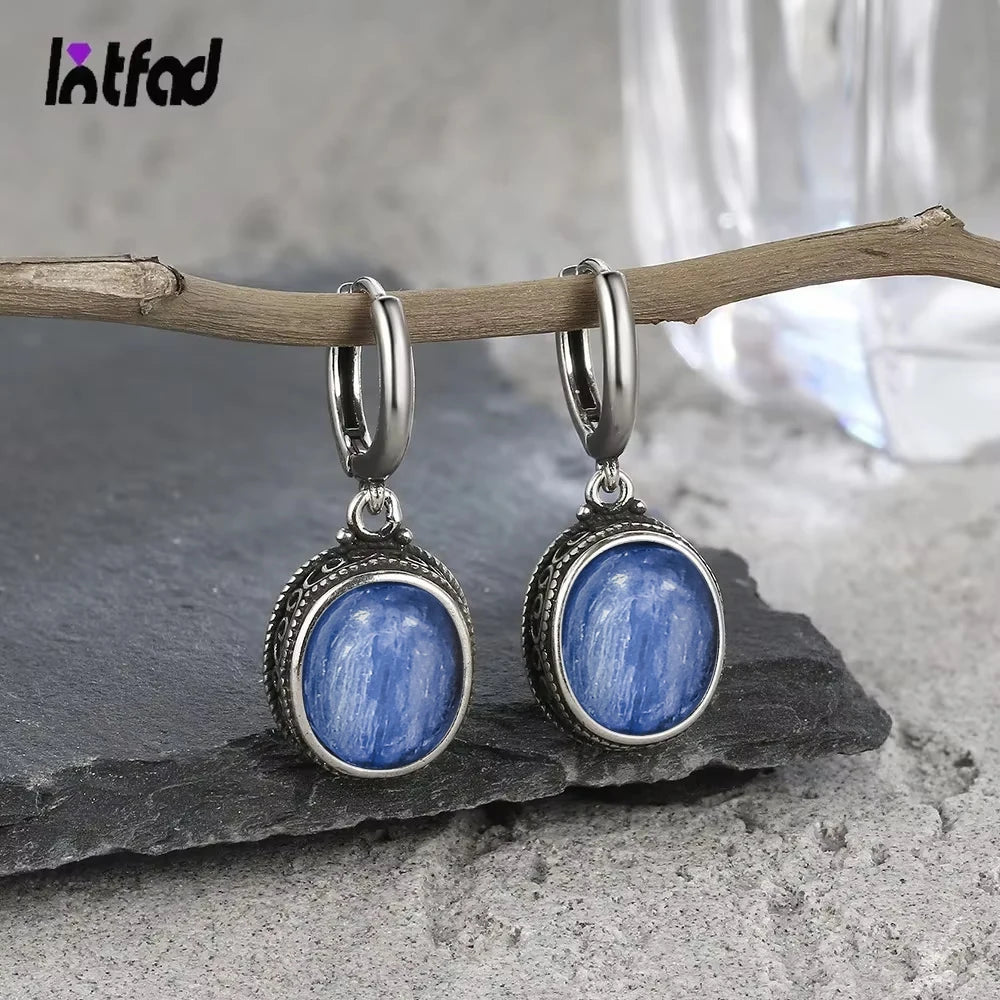 Vintage 925 Sterling Silver Earring Oval Natural Kyanite Stone Moonstone Labradorite Hoop Earrings With Necklace Set For Women