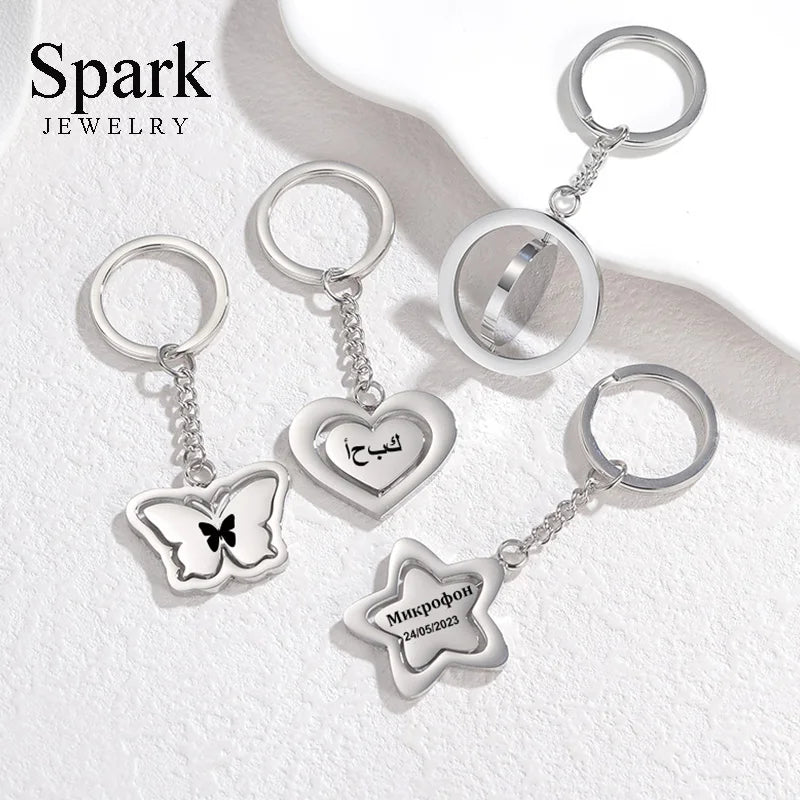 Spark Personalized Stainless Steel Butterfly Heart Shape Rotate Keychain Engrave Name For Women Couple Accessory Jewelry Gift