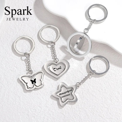 Spark Personalized Stainless Steel Butterfly Heart Shape Rotate Keychain Engrave Name For Women Couple Accessory Jewelry Gift