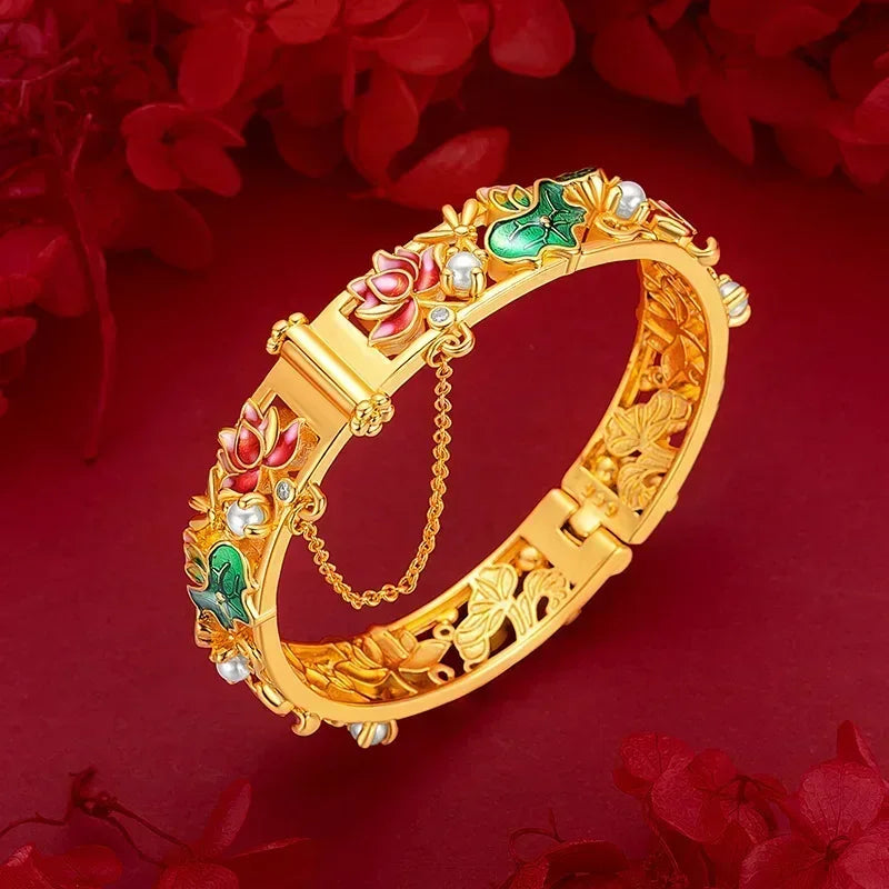 Fine pure gold AU999 real  24K  ethnic style enamel lotus bracelet pearl  buckle large  ladies  bracele