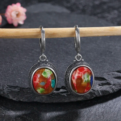 Vintage 925 Sterling Silver Earring Oval Natural Kyanite Stone Moonstone Labradorite Hoop Earrings With Necklace Set For Women