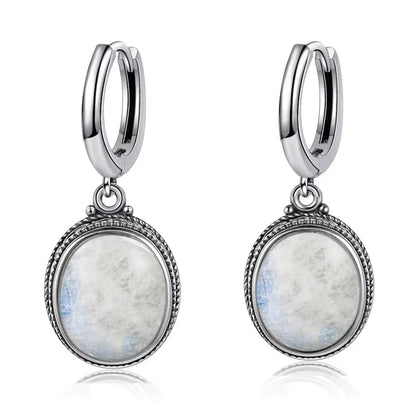 Vintage 925 Sterling Silver Earring Oval Natural Kyanite Stone Moonstone Labradorite Hoop Earrings With Necklace Set For Women