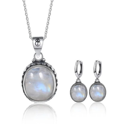 Vintage 925 Sterling Silver Earring Oval Natural Kyanite Stone Moonstone Labradorite Hoop Earrings With Necklace Set For Women