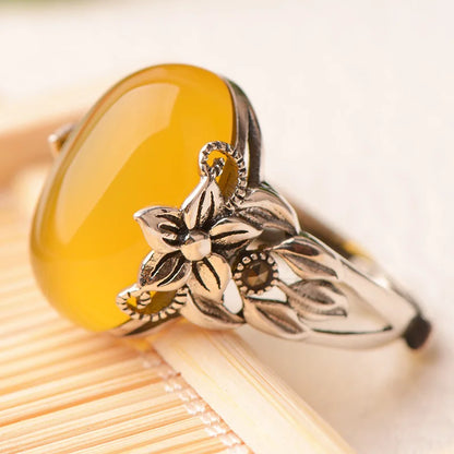 Vintage Jade Egg-shaped Ring Female Index Finger Accessories Temperament Flower Ring Women Jewelry Adjustable