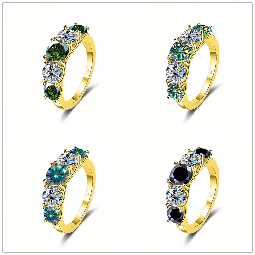 5 Stones 3.6CT All Moissanite Rings for Women gold Plated 925 Sterling Sliver Wedding Band Sparkling Diamonds Fine Jewelry GRA