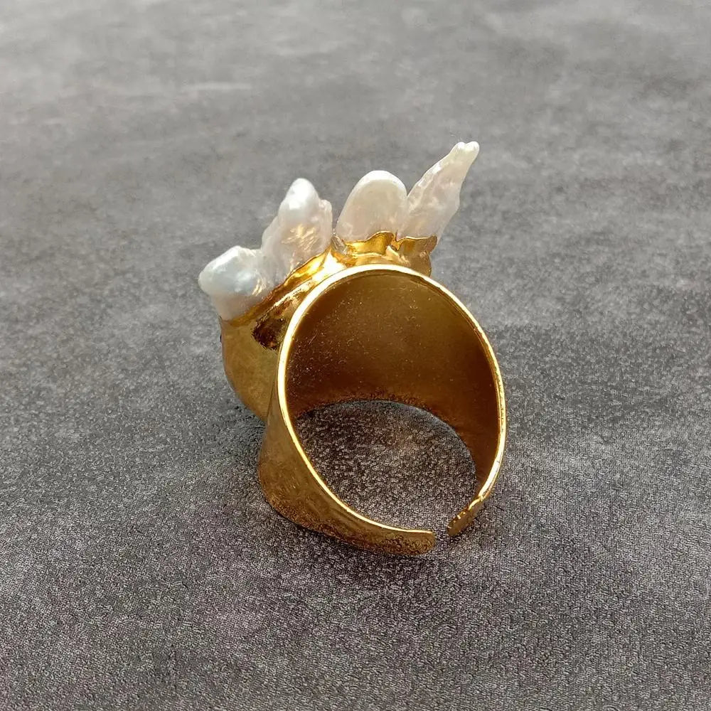 YYGEM White Biwa Pearl 10mm Blue Kyanite Gold Plated Finger Rings Adjustable Ring Designer Jewelry