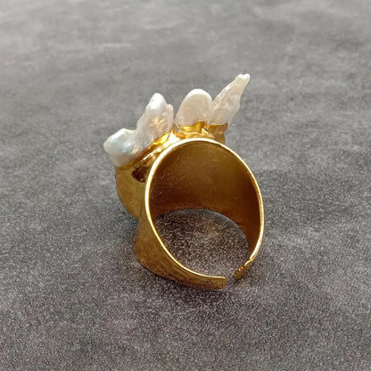 YYGEM White Biwa Pearl 10mm Blue Kyanite Gold Plated Finger Rings Adjustable Ring Designer Jewelry