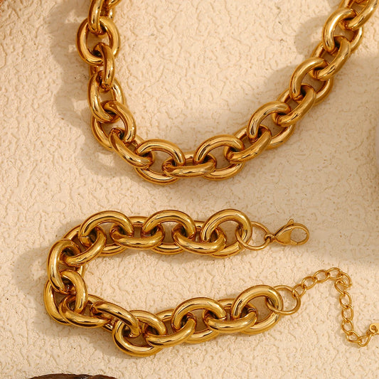 2025 Exaggerated Stainless Steel Tarnish Free Chunky O Chain Gold Choker Necklace Bracelet Jewelry Set Statement Necklace