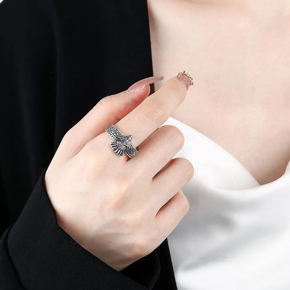 Buyee 925 Sterling Silver Male Ring Finger Elegant Gray Eagle Open Ring for Men Fashion Unique Punk Fine Jewelry Circle Gift