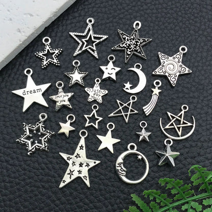 16/20pcs Antique Silver Celestial Series Set (Sun/Stars/Moon) - Perfect for Crafting Necklace, Bracelet & Earring Accessories.
